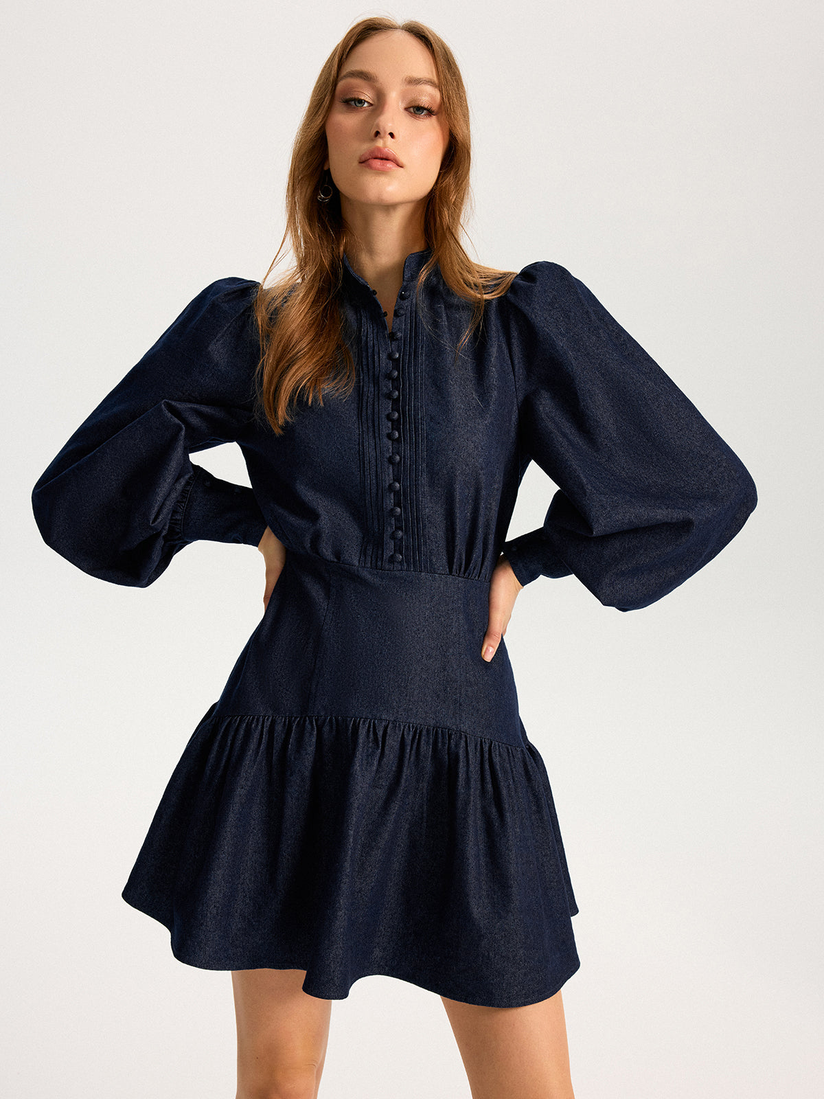 Denim Stand Collar Puff Sleeve Mini Dress-Chicvia