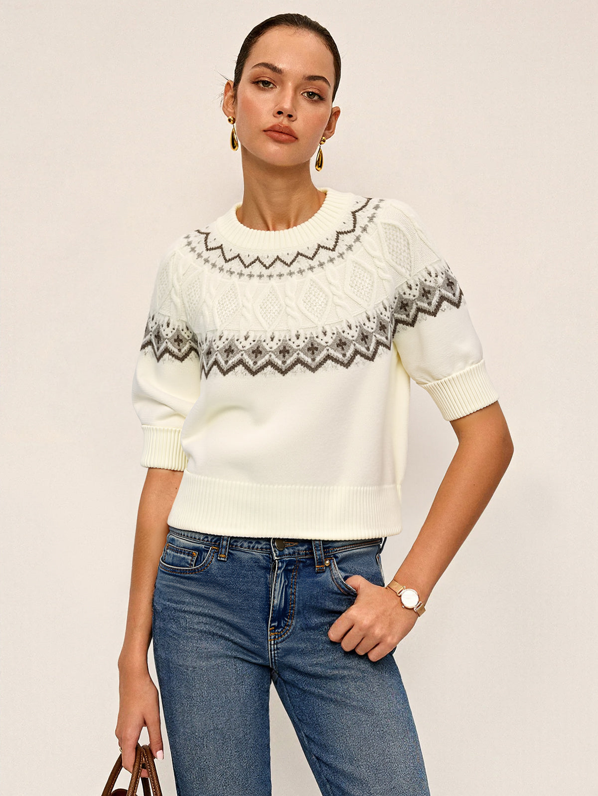 Fair Isle Pattern Short Sleeve Knit Top-Chicvia