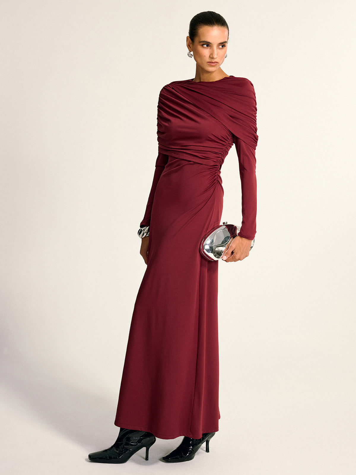 Draped Long Sleeve Maxi Dress-Chicvia