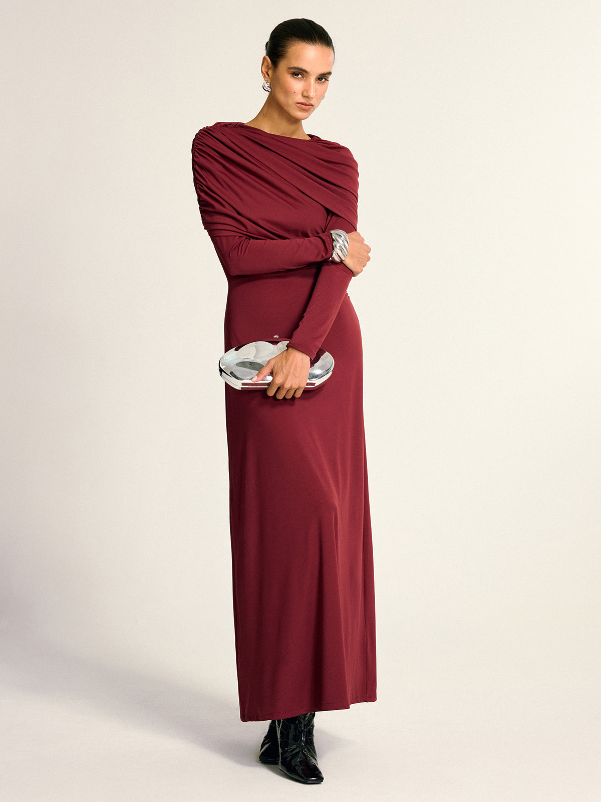 Draped Long Sleeve Maxi Dress-Chicvia