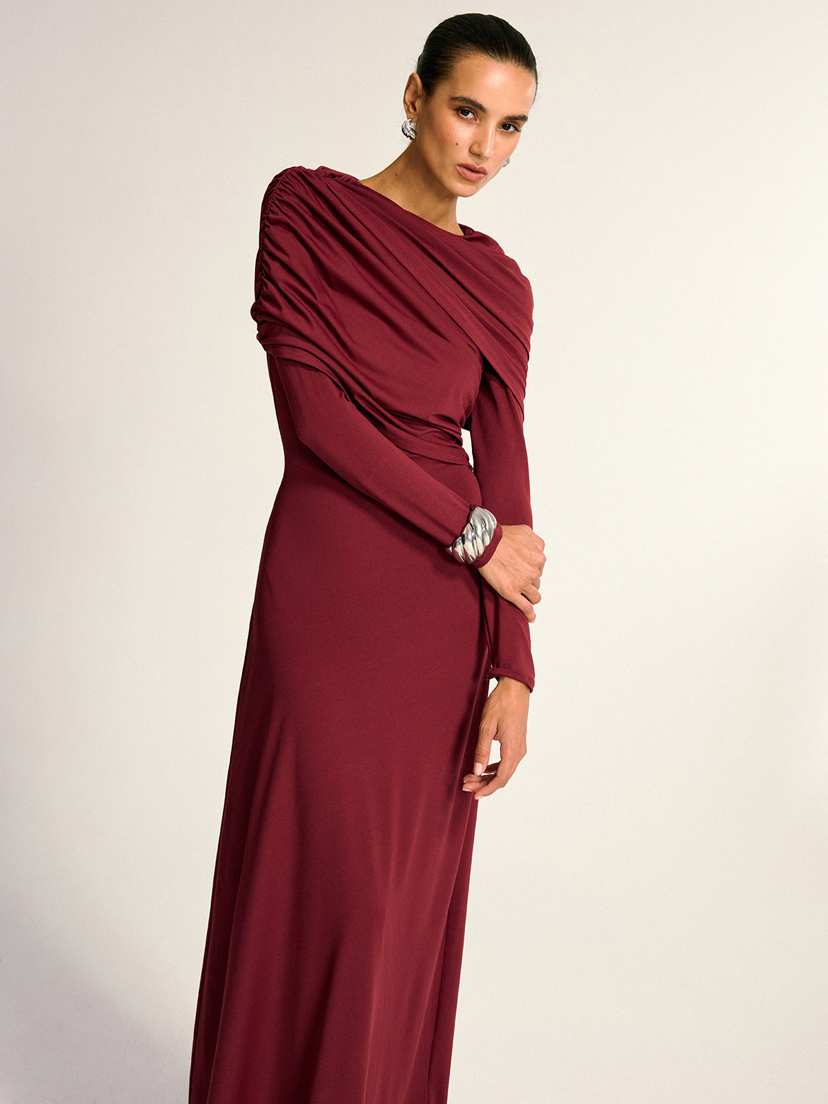 Draped Long Sleeve Maxi Dress-Chicvia