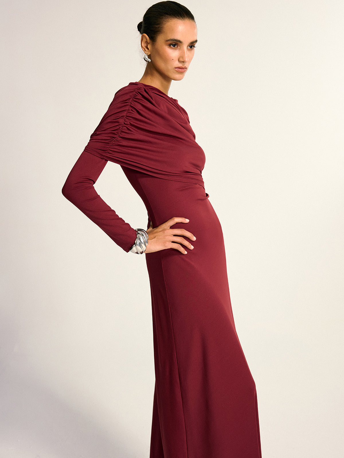Draped Long Sleeve Maxi Dress-Chicvia
