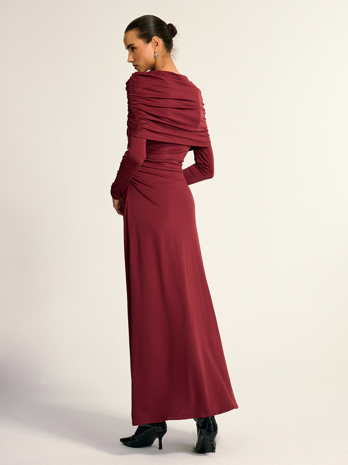 Draped Long Sleeve Maxi Dress-Chicvia