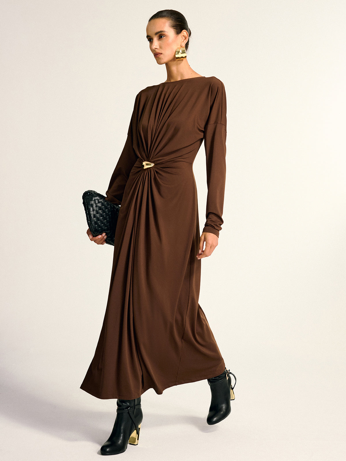Metal Detail Draped Maxi Dress-Chicvia