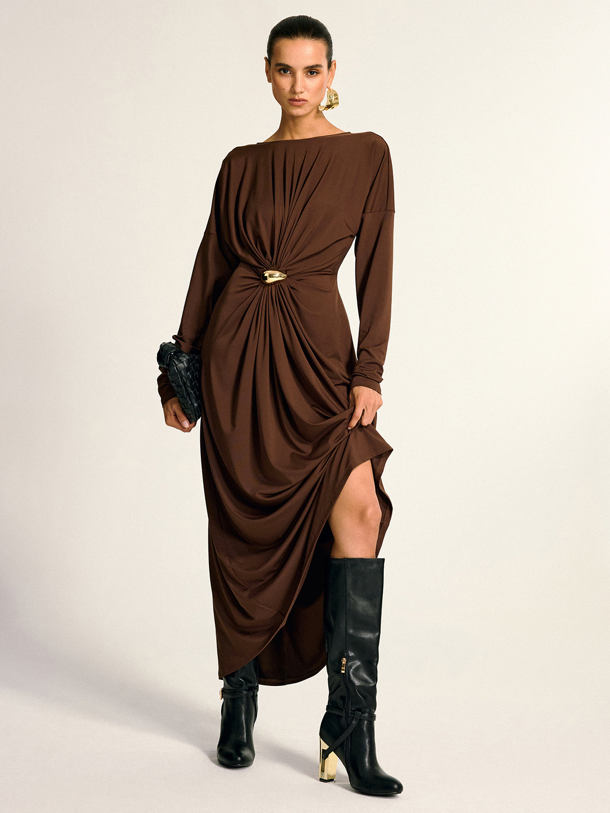 Metal Detail Draped Maxi Dress-Chicvia