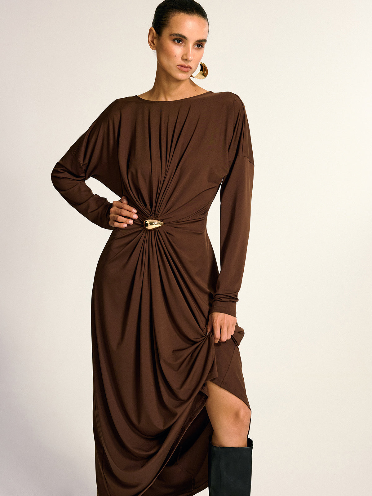 Metal Detail Draped Maxi Dress-Chicvia