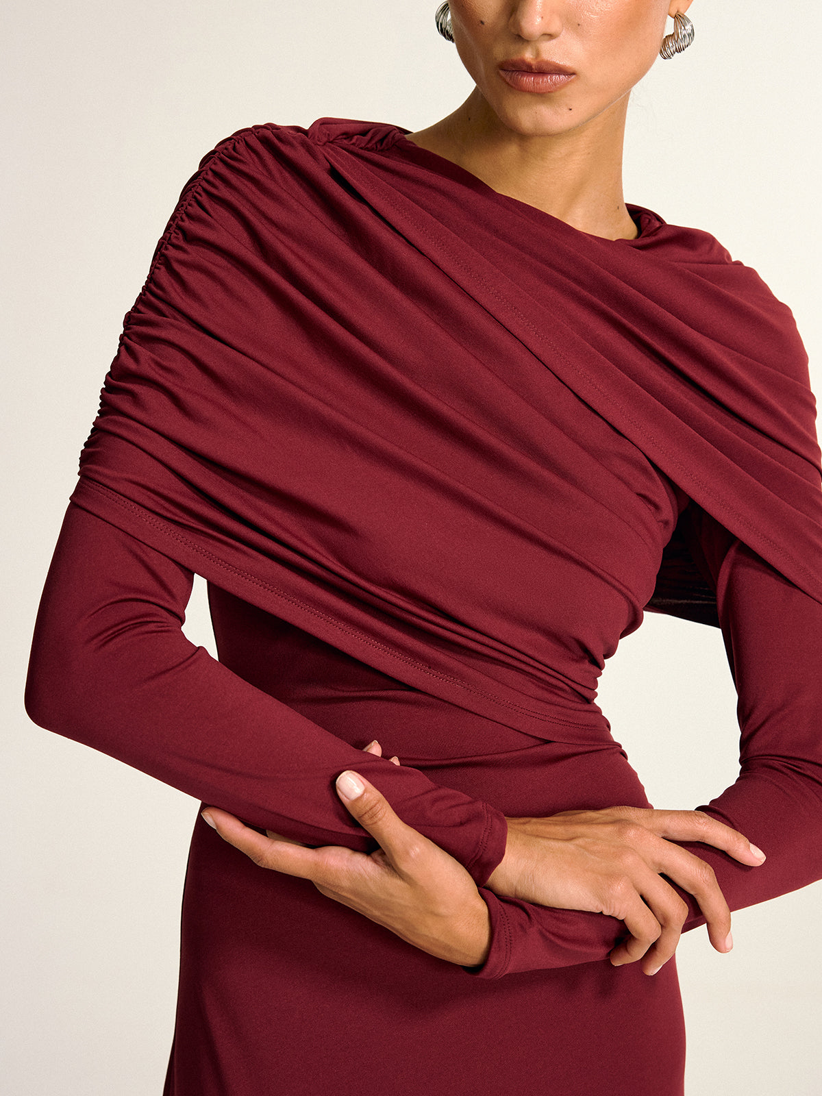 Draped Long Sleeve Maxi Dress-Chicvia