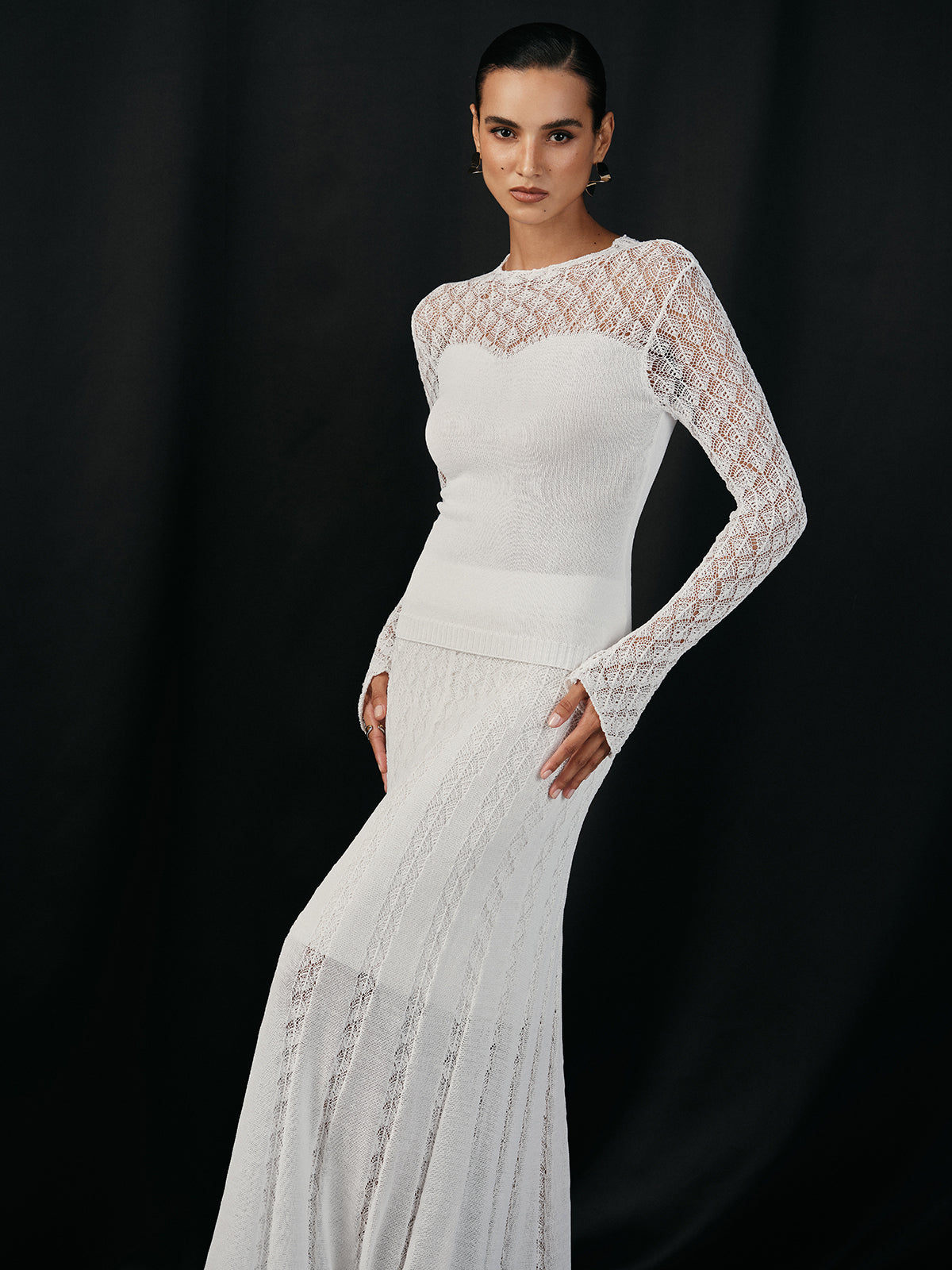 Lace Paneled Long Sleeve Knit Top-Chicvia