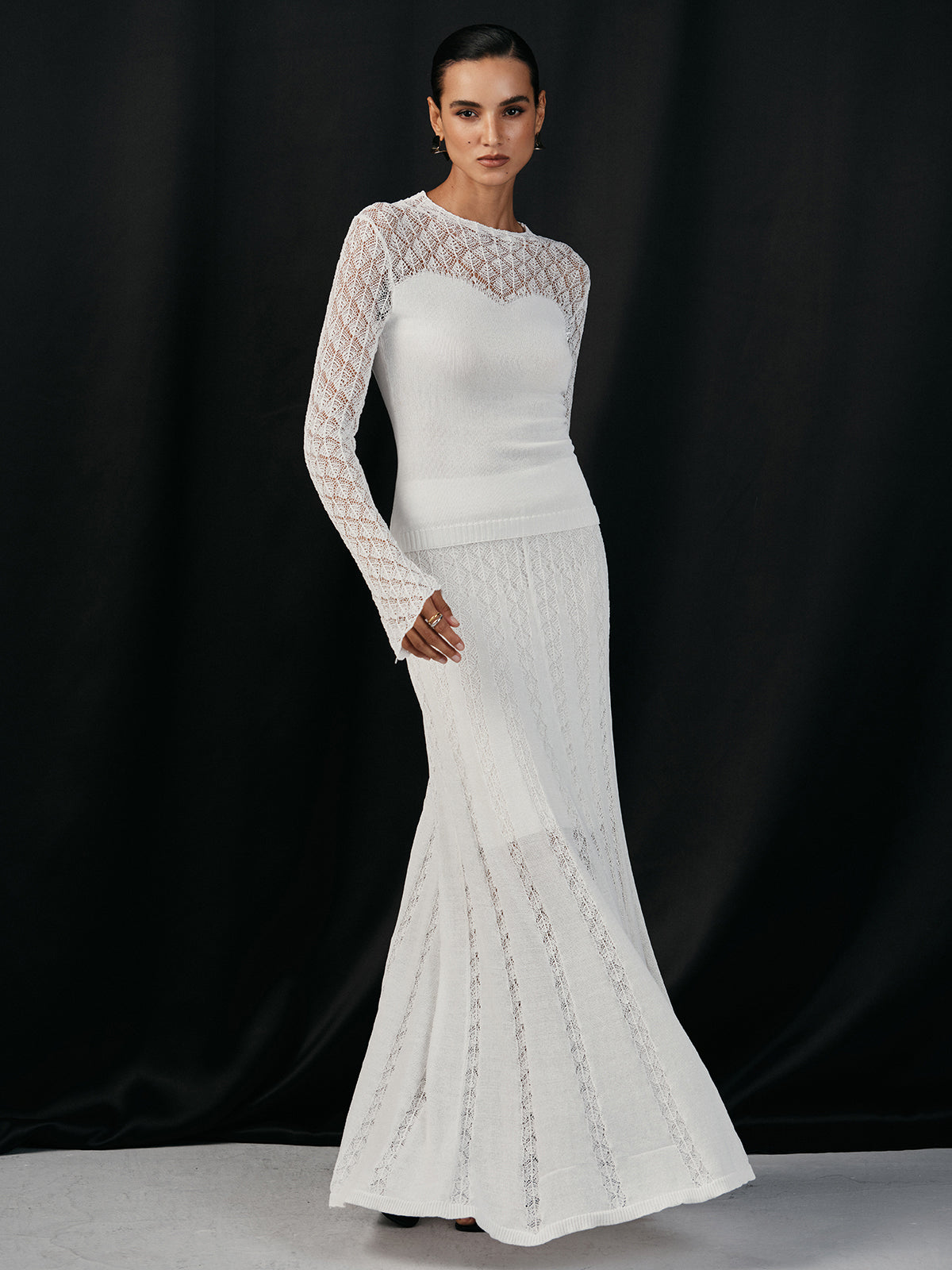 Lace Paneled Long Sleeve Knit Top-Chicvia