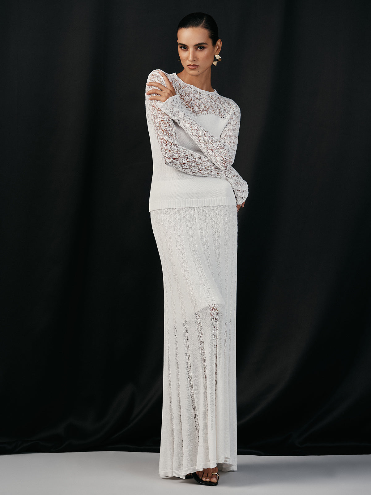 Lace Paneled Knit Maxi Skirt-Chicvia