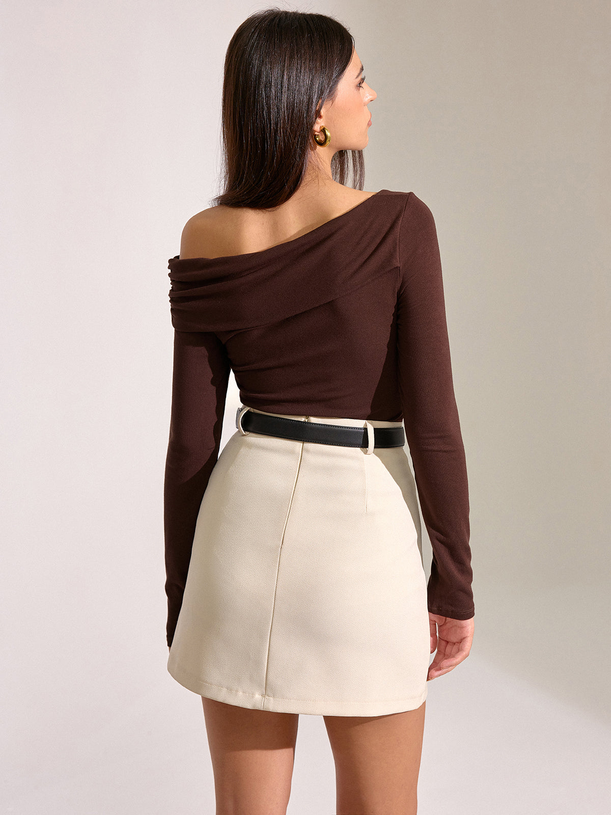 Metal Detail Off-Shoulder Long Sleeve T-Shirt-Chicvia