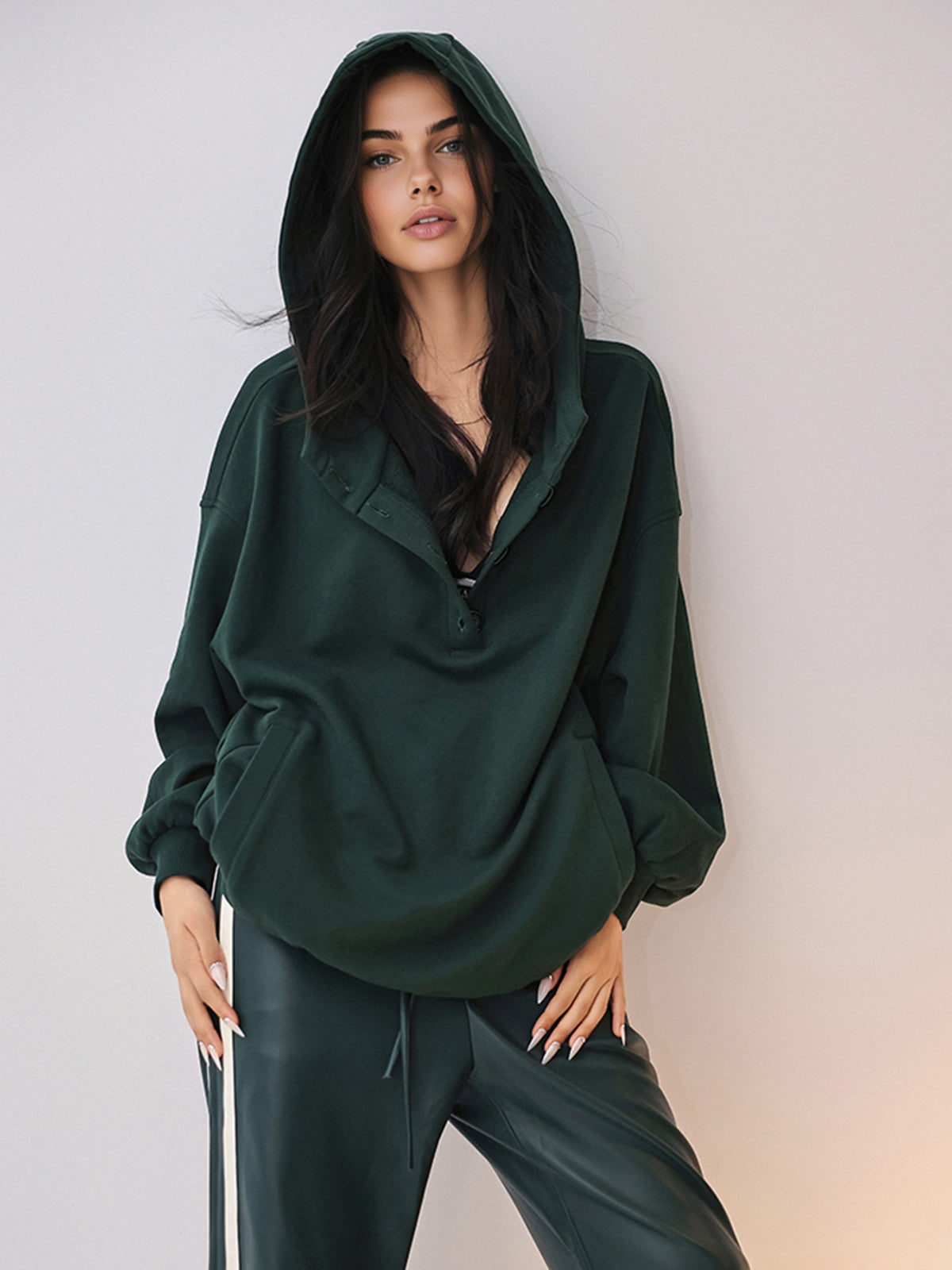 Oversized Buttoned Hoodie-Chicvia