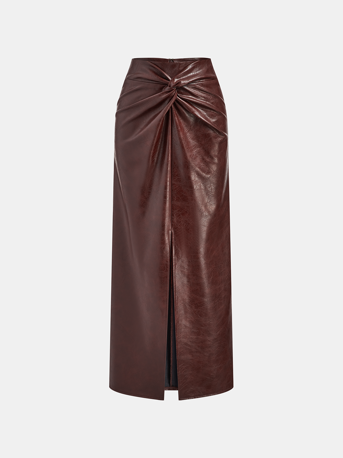 Knot Detail Slit Faux Leather Midi Skirt-Chicvia