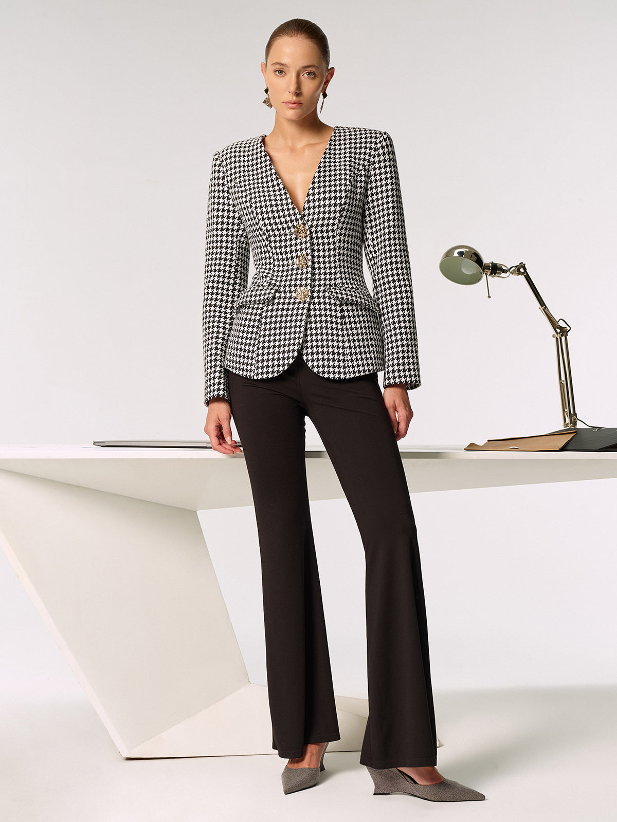 Metal Button Houndstooth Blazer-Chicvia