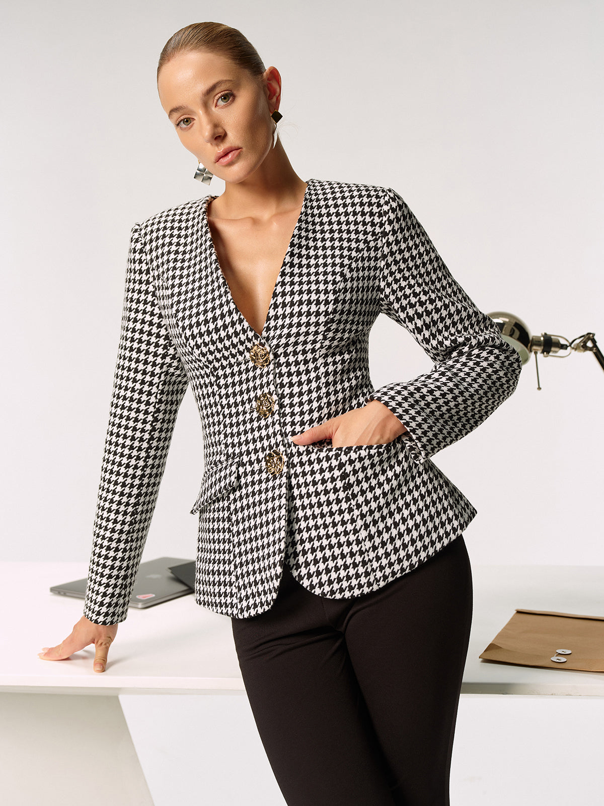 Metal Button Houndstooth Blazer-Chicvia