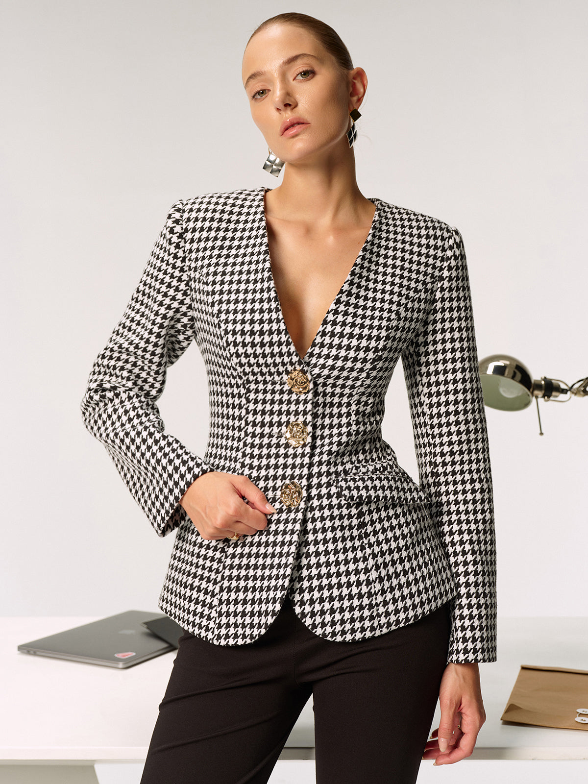 Metal Button Houndstooth Blazer-Chicvia