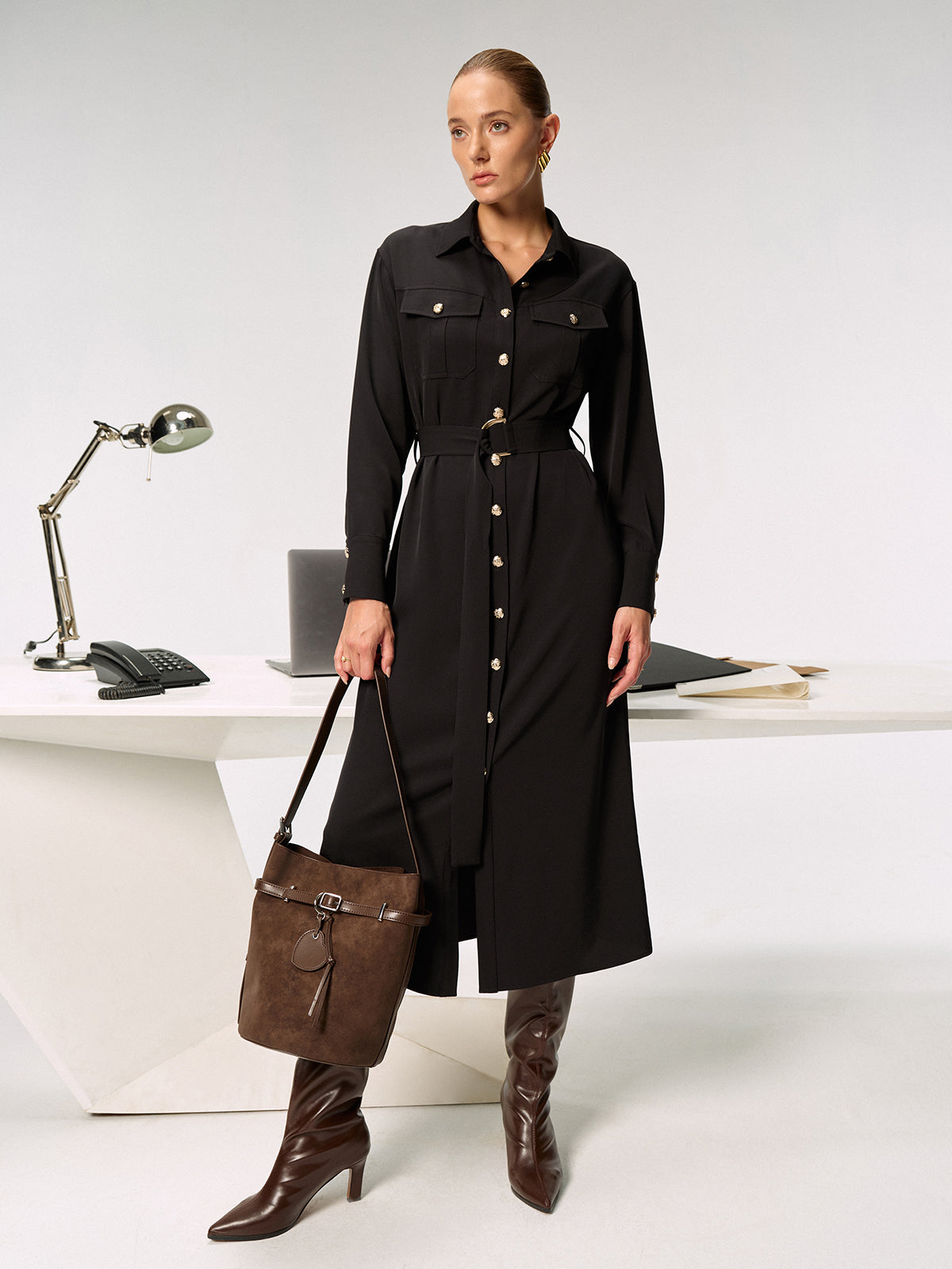 Metal Button-Front Belted Shirt Dress-Chicvia