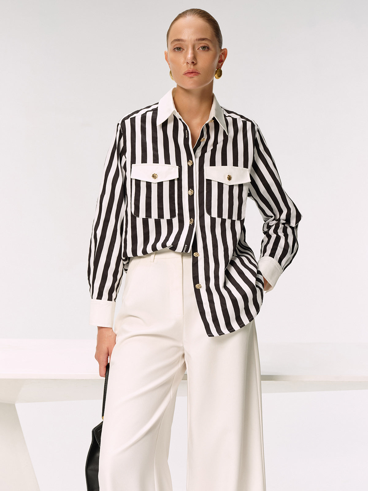 Cotton Blend Striped Metal Button Shirt-Chicvia