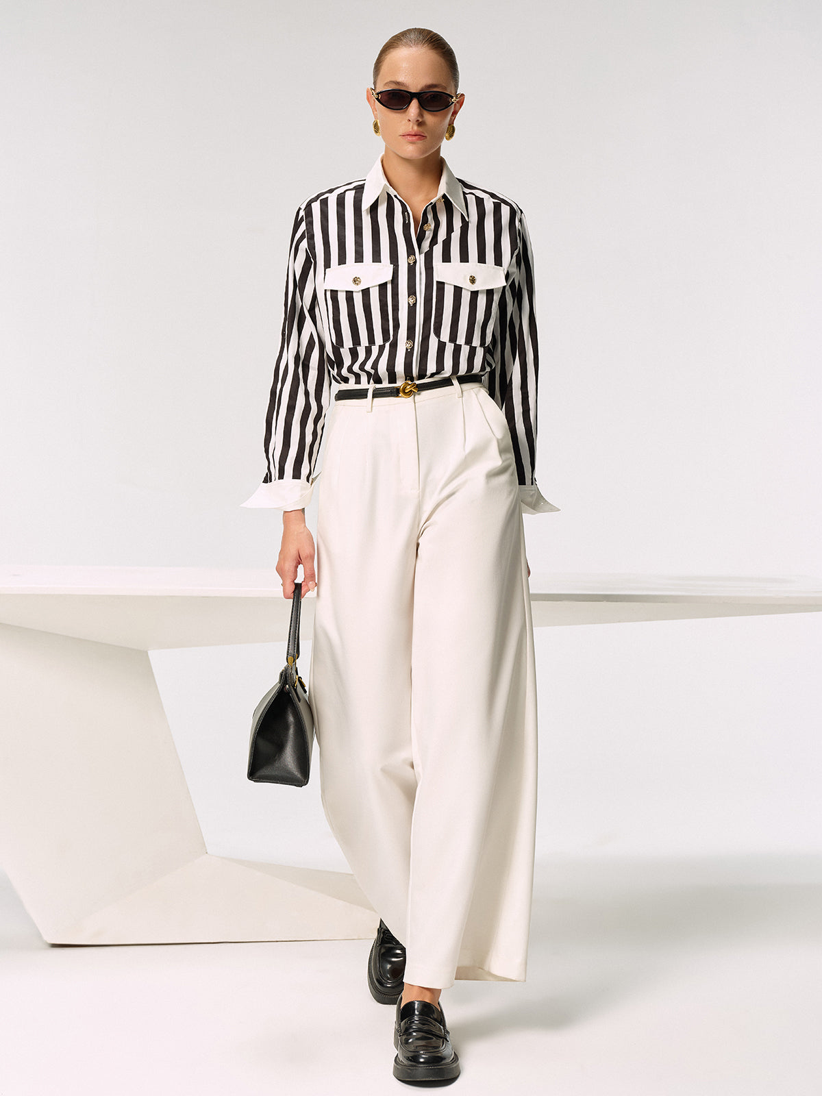 Cotton Blend Striped Metal Button Shirt-Chicvia