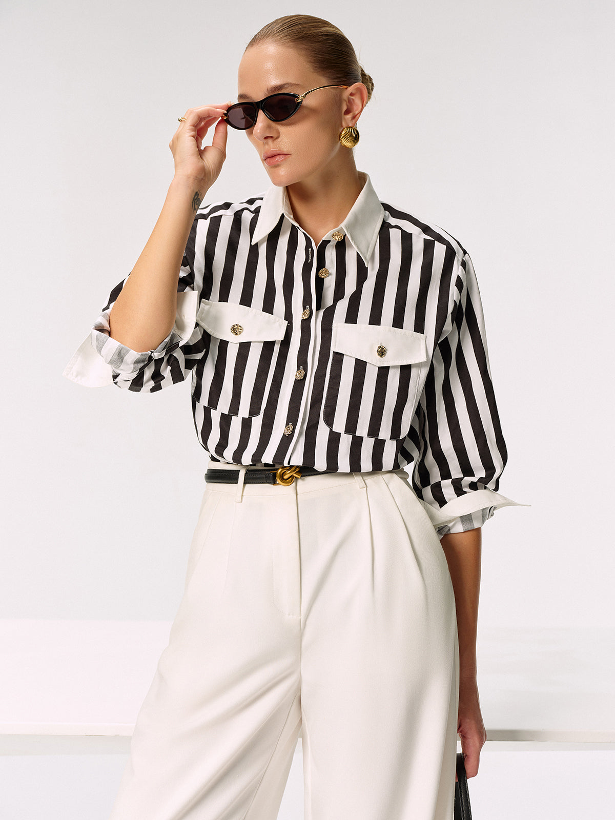 Cotton Blend Striped Metal Button Shirt-Chicvia