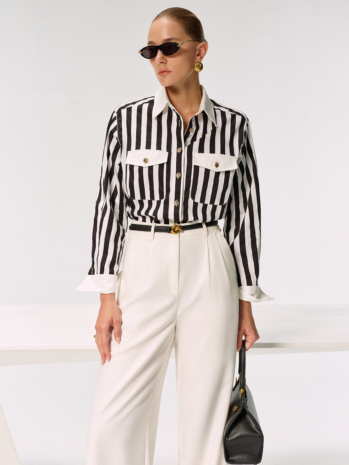 Cotton Blend Striped Metal Button Shirt-Chicvia