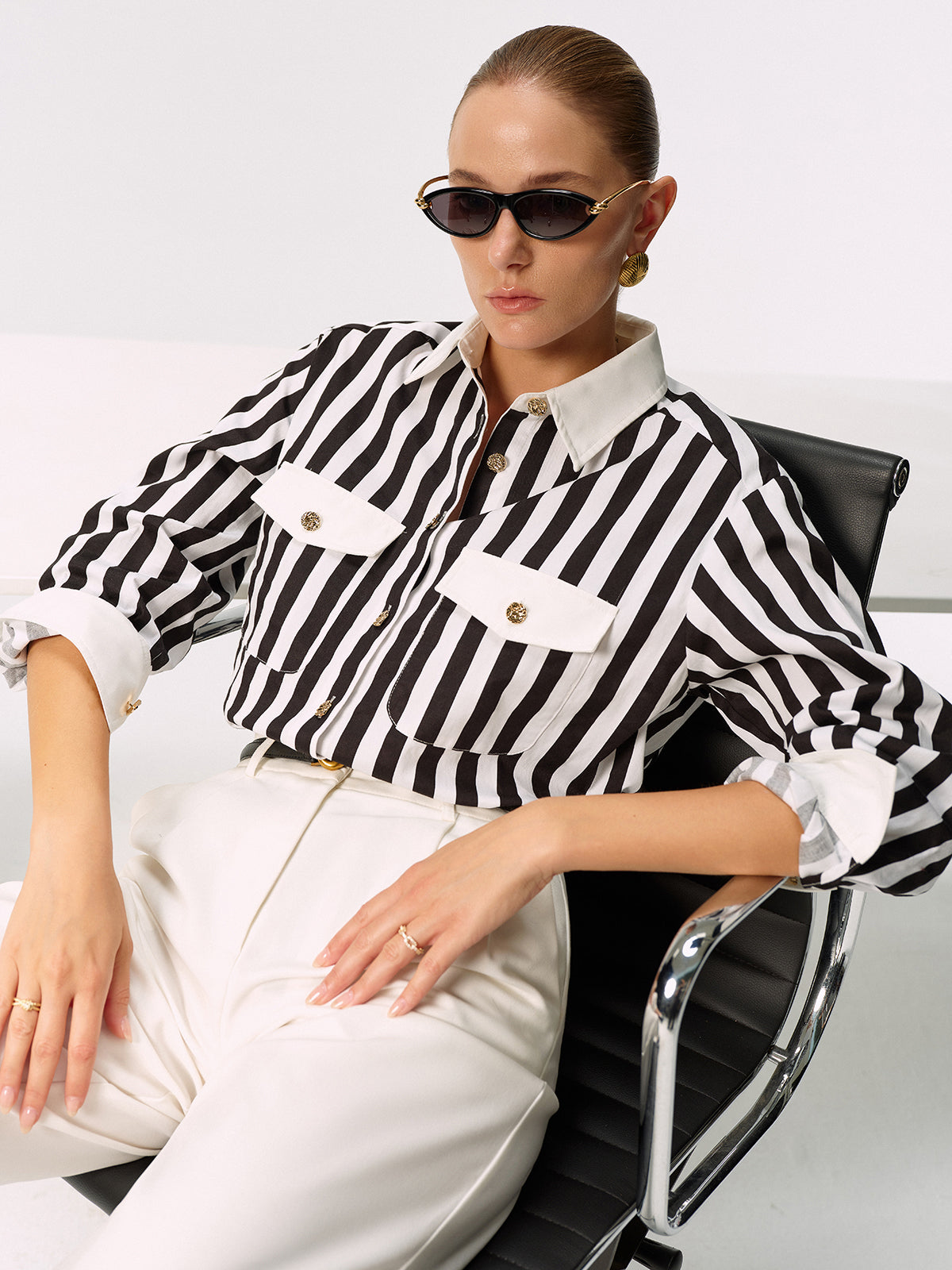 Cotton Blend Striped Metal Button Shirt-Chicvia