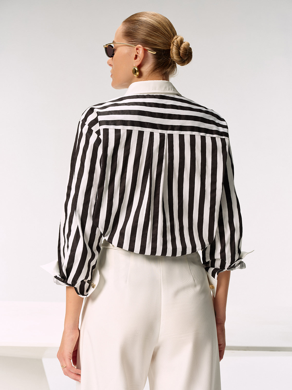 Cotton Blend Striped Metal Button Shirt-Chicvia