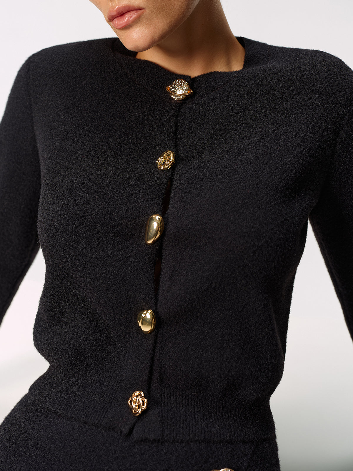 Metal Button Cardigan and Asymmetric Skirt Set-Chicvia