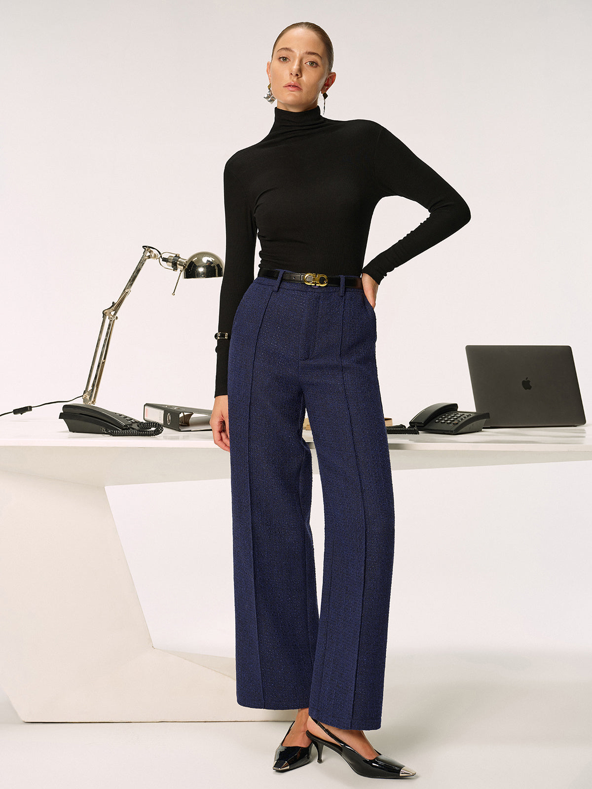Mid-Waist Tweed Straight-Leg Pants without Belt-Chicvia