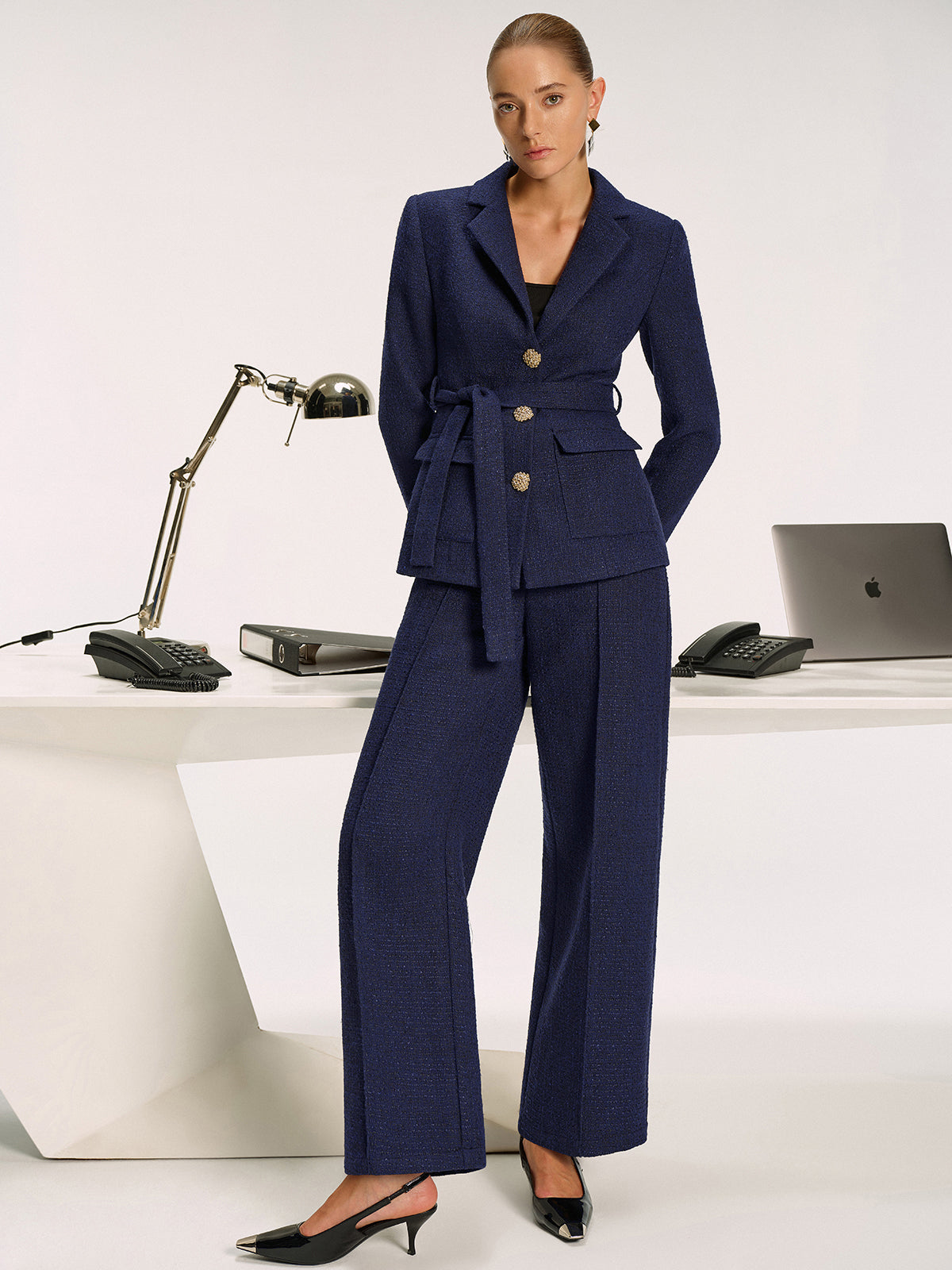 Metal Button Tweed Belted Blazer-Chicvia