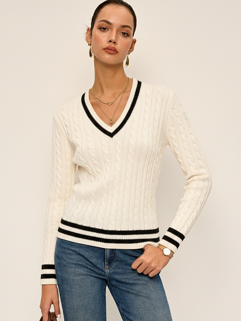 Cable-Knit Stripped Sweater-Chicvia