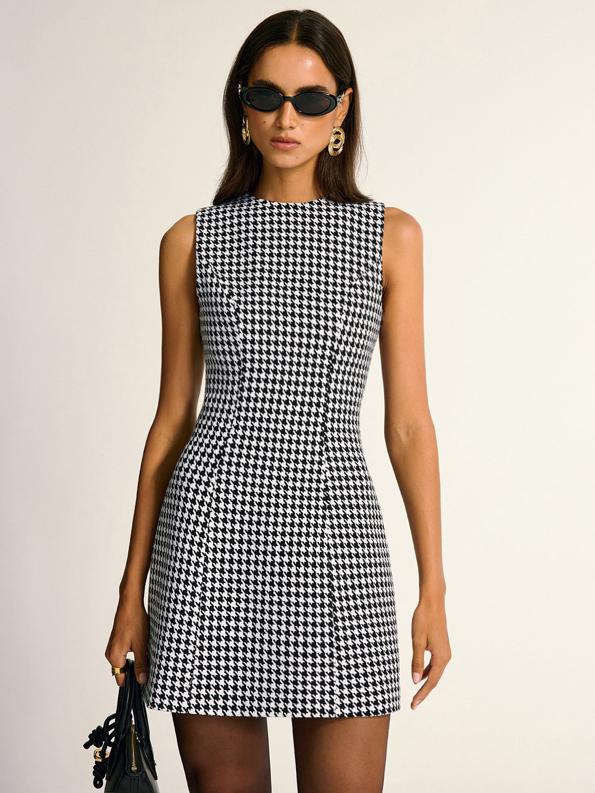 Houndstooth Sleeveless A-Line Mini Dress-Chicvia