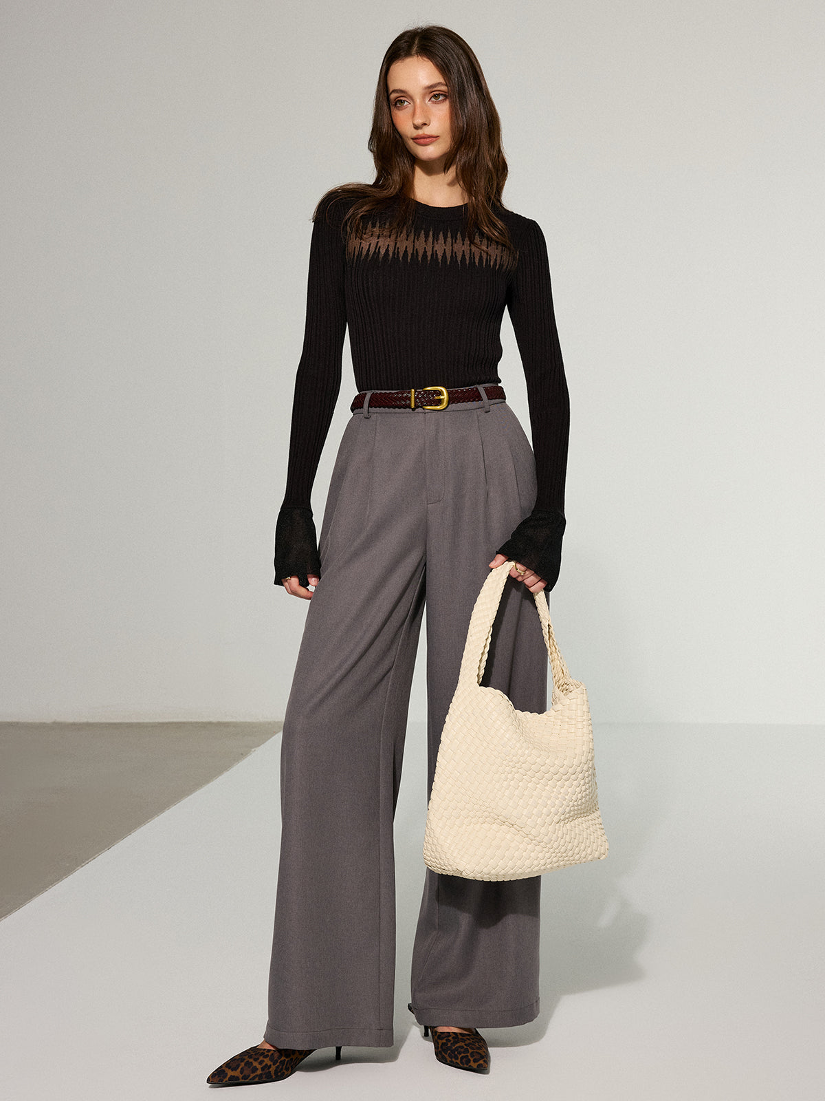 Flared Cuff Sheer Panel Knit Top-Chicvia