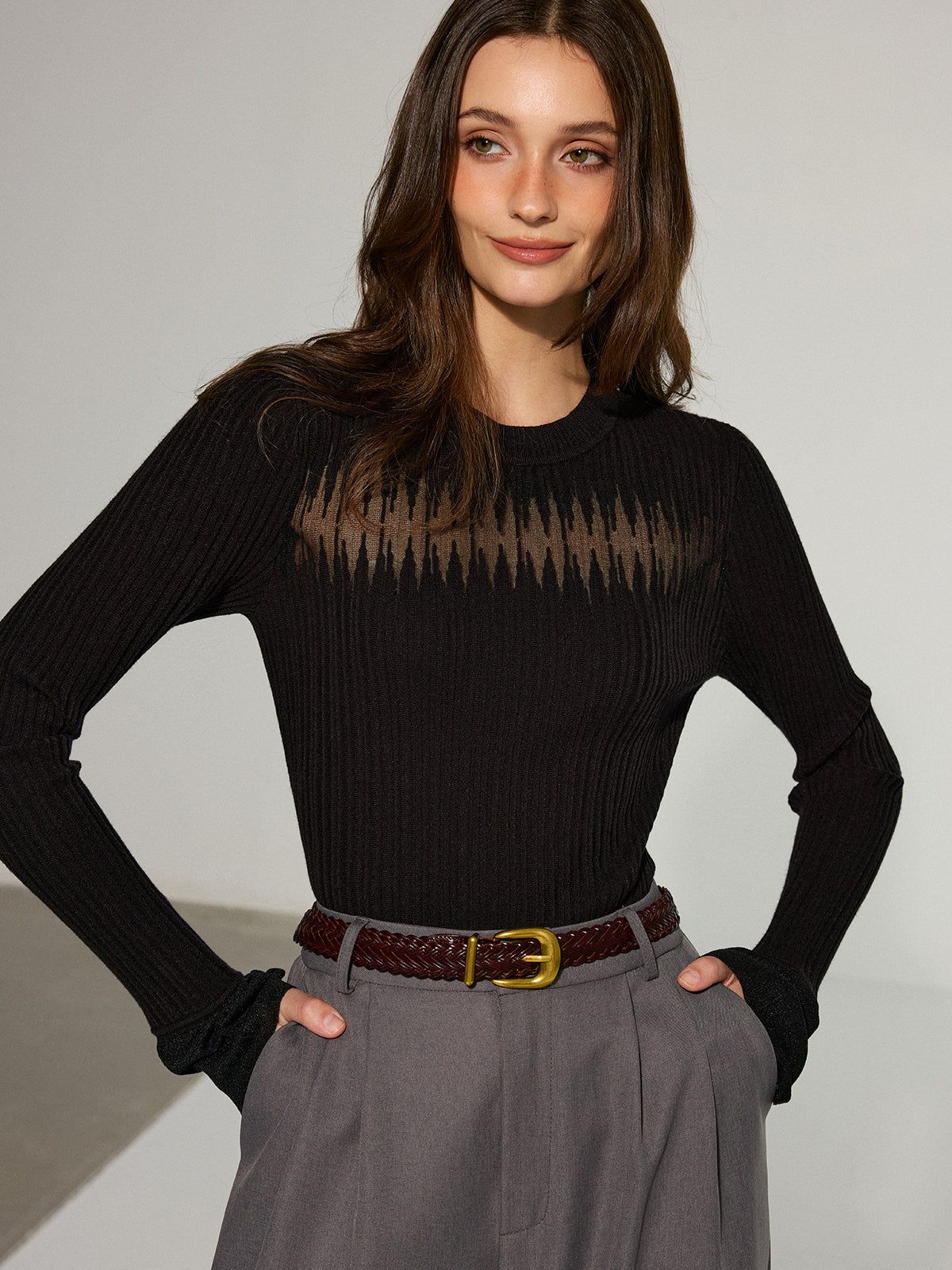 Flared Cuff Sheer Panel Knit Top-Chicvia