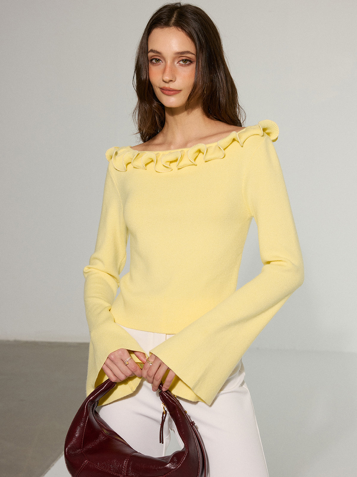 Off-Shoulder Ruffled Collar Flared Sleeve Sweater-Chicvia