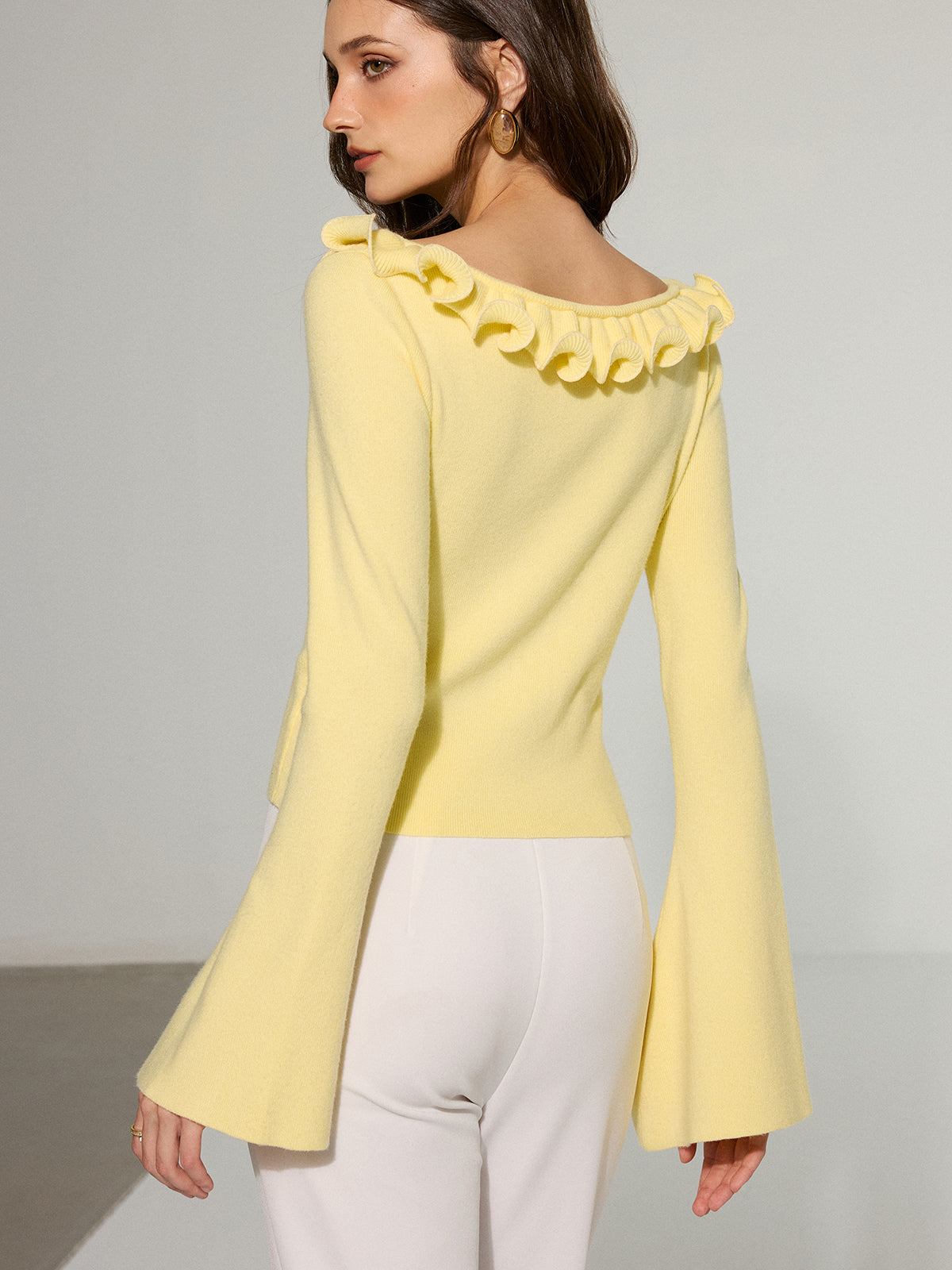 Off-Shoulder Ruffled Collar Flared Sleeve Sweater-Chicvia