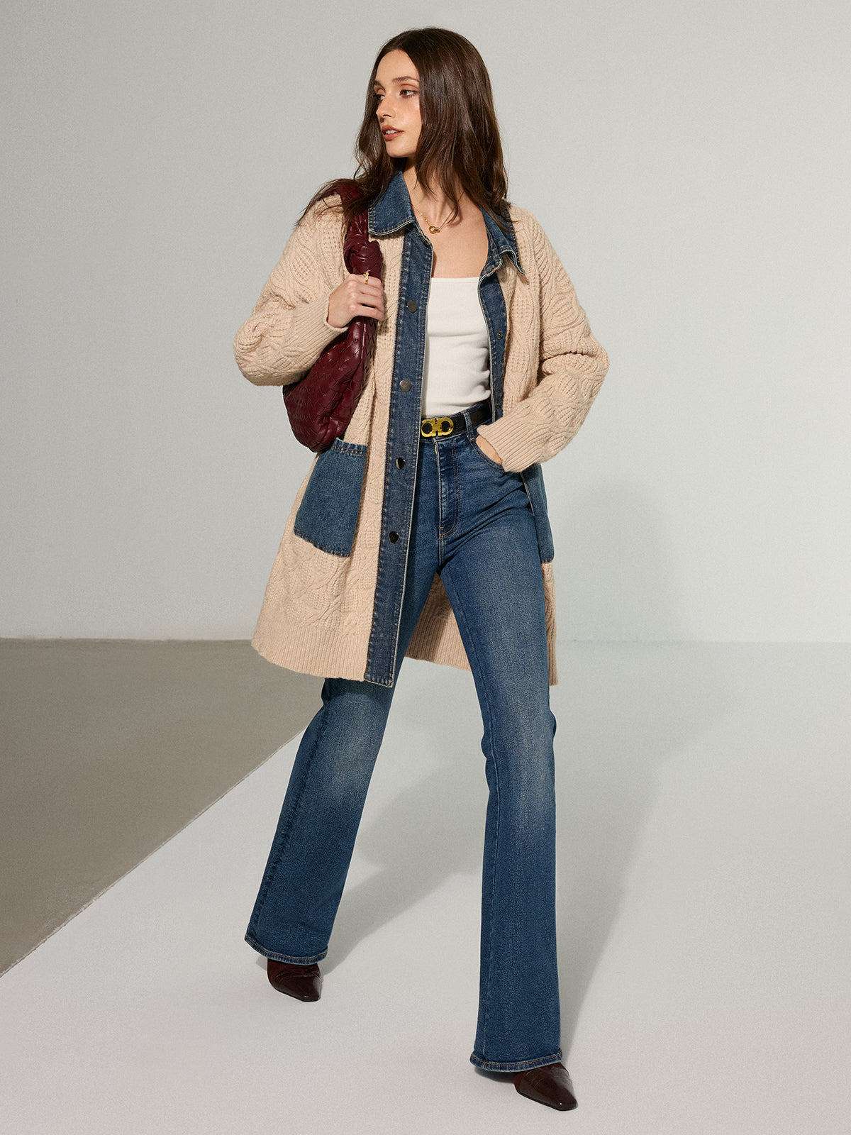 Cable Knit Denim Paneled Longline Cardigan-Chicvia