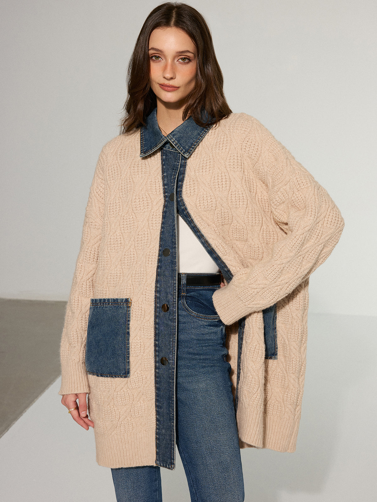 Cable Knit Denim Paneled Longline Cardigan-Chicvia