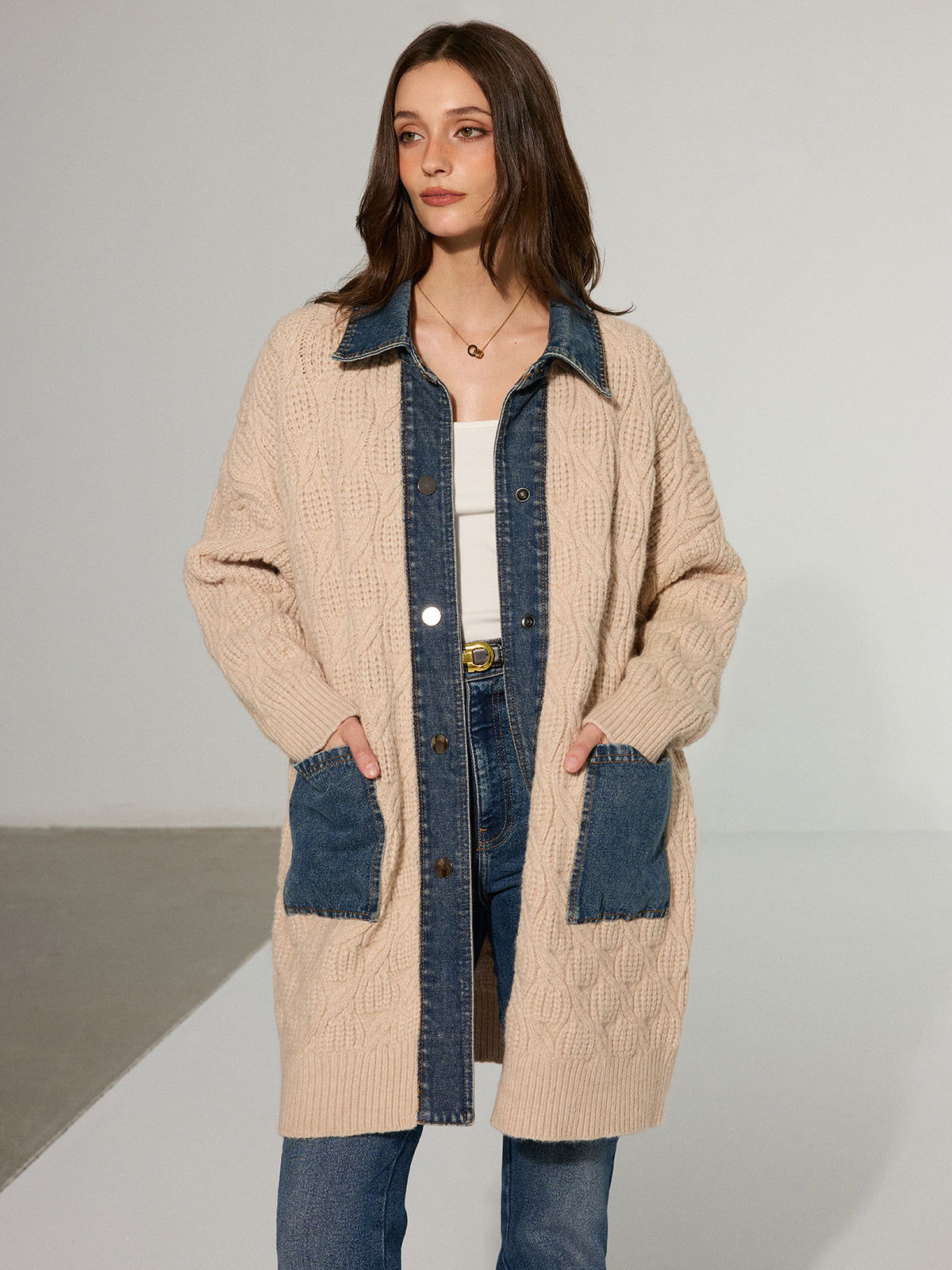 Cable Knit Denim Paneled Longline Cardigan-Chicvia