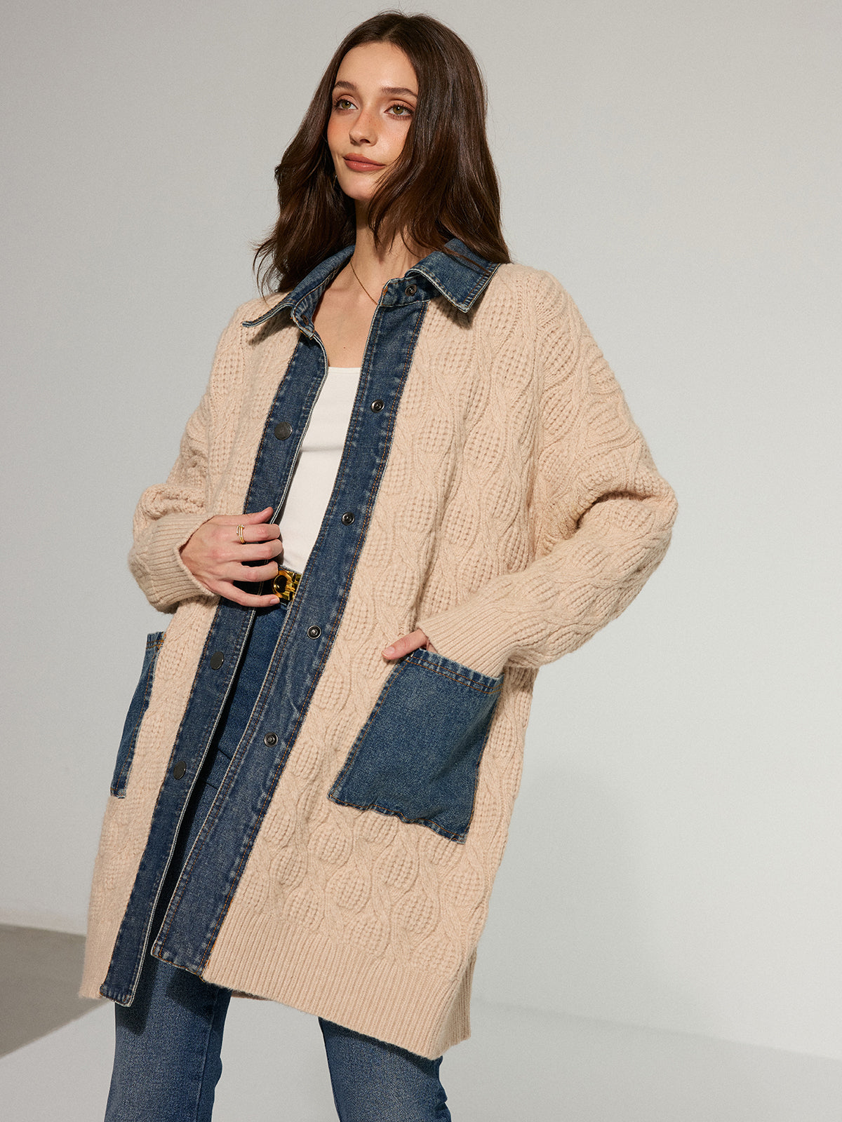 Cable Knit Denim Paneled Longline Cardigan-Chicvia