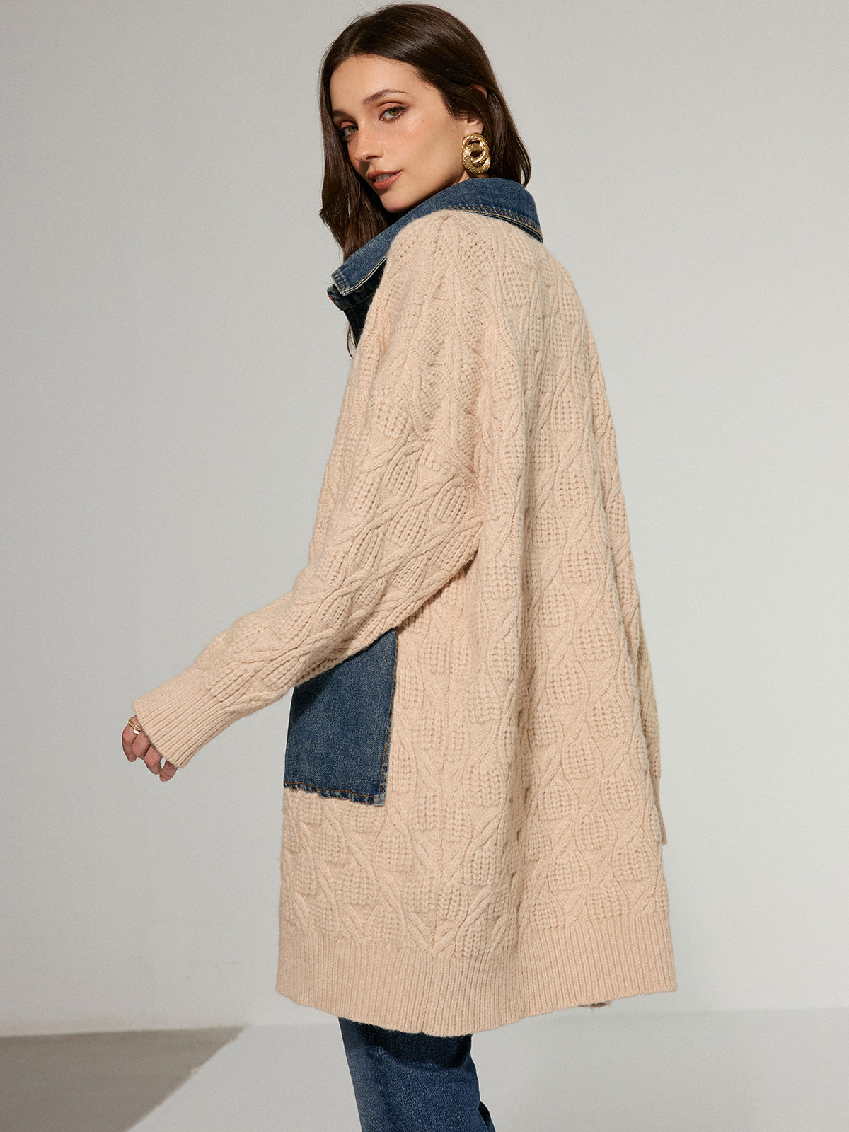 Cable Knit Denim Paneled Longline Cardigan-Chicvia