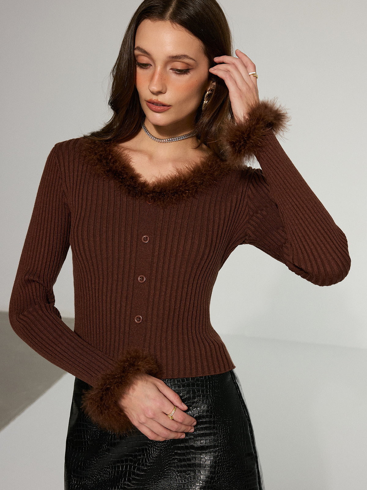 Faux Fur Trim Ribbed Knit Top-Chicvia