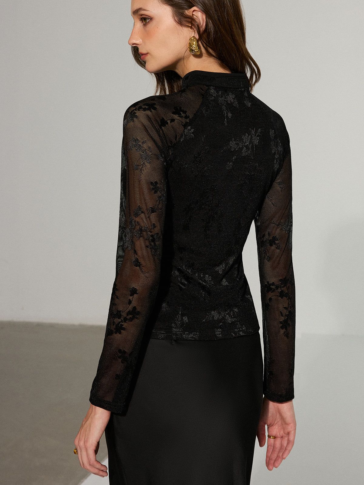 Mandarin Collar Floral Lace Long Sleeve T-Shirt-Chicvia