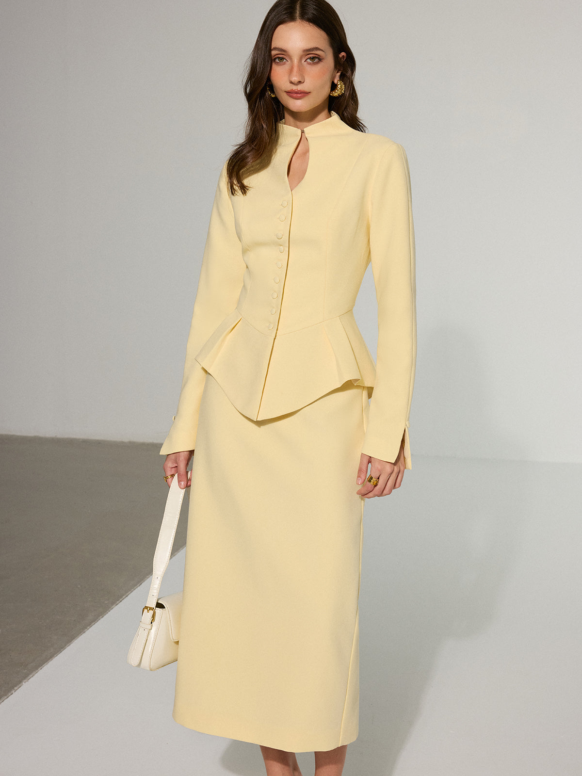 Keyhole Neckline Button Front Peplum Blazer-Chicvia