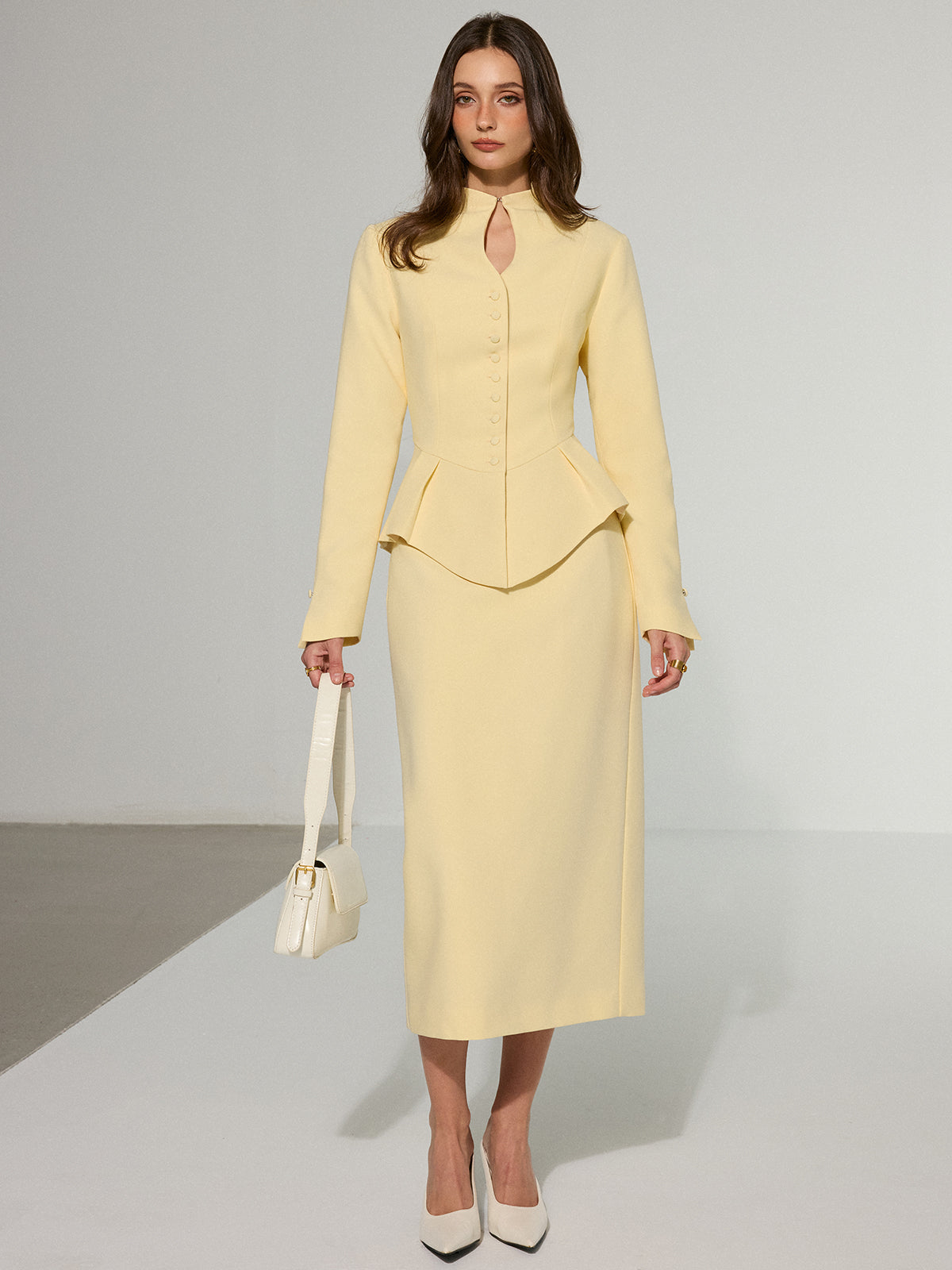 Keyhole Neckline Button Front Peplum Blazer-Chicvia