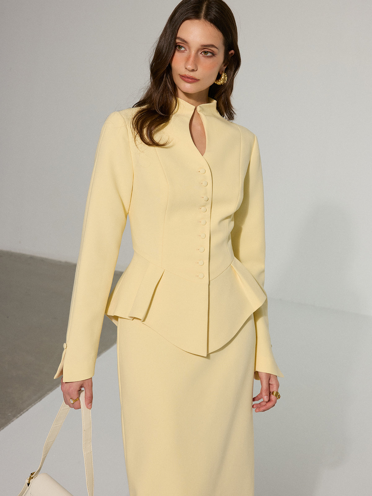 Keyhole Neckline Button Front Peplum Blazer-Chicvia