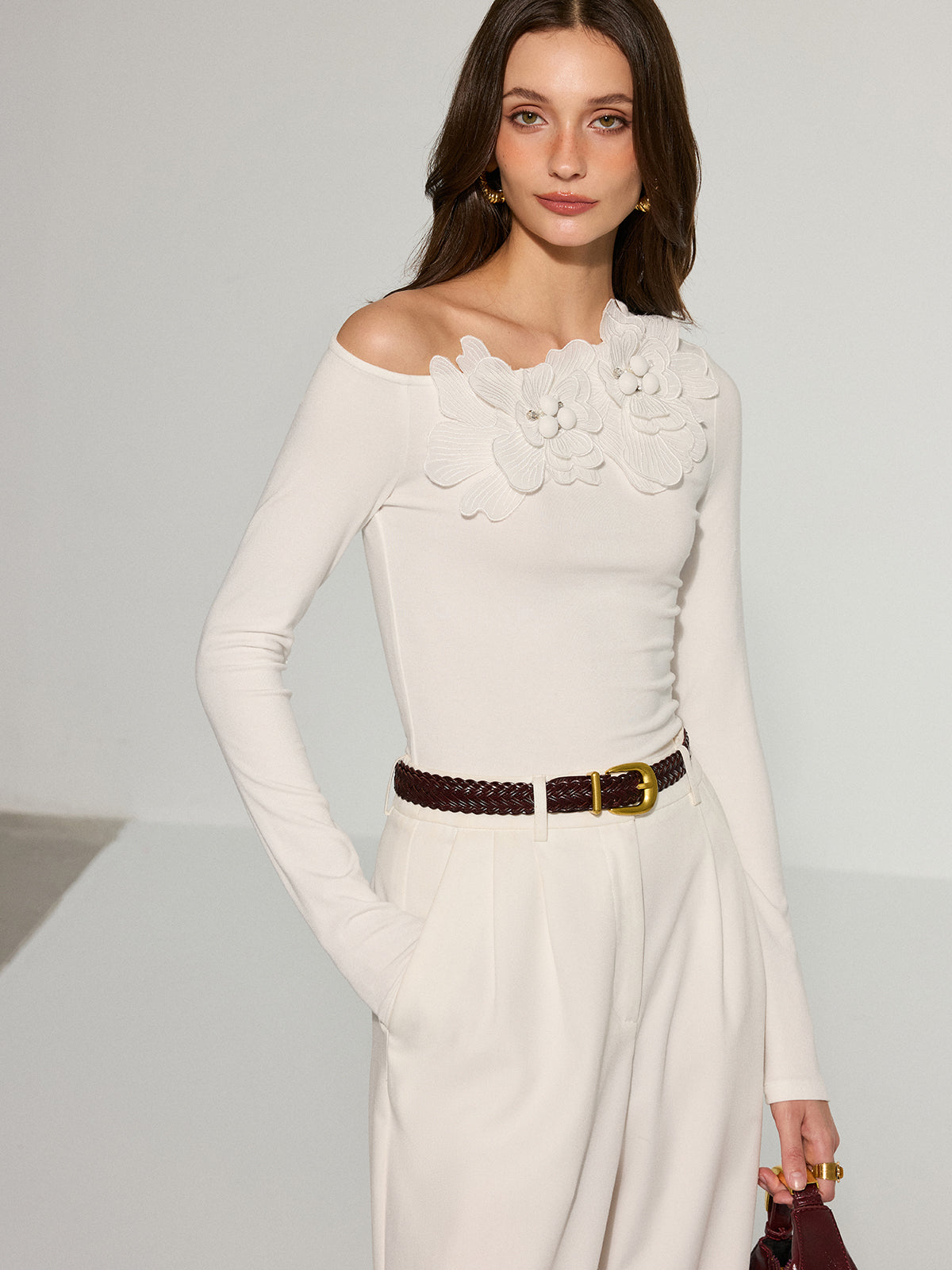 Off-Shoulder 3D Floral Embellished T-Shirt-Chicvia