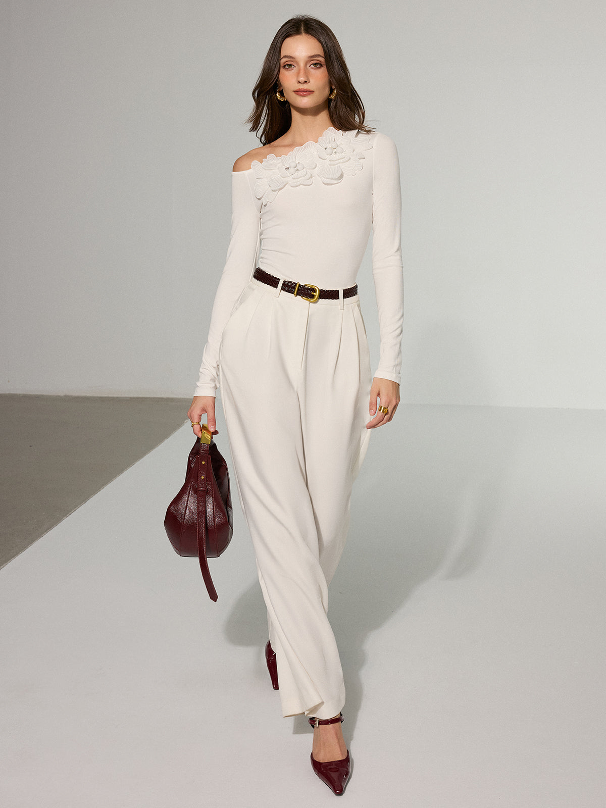 Off-Shoulder 3D Floral Embellished T-Shirt-Chicvia