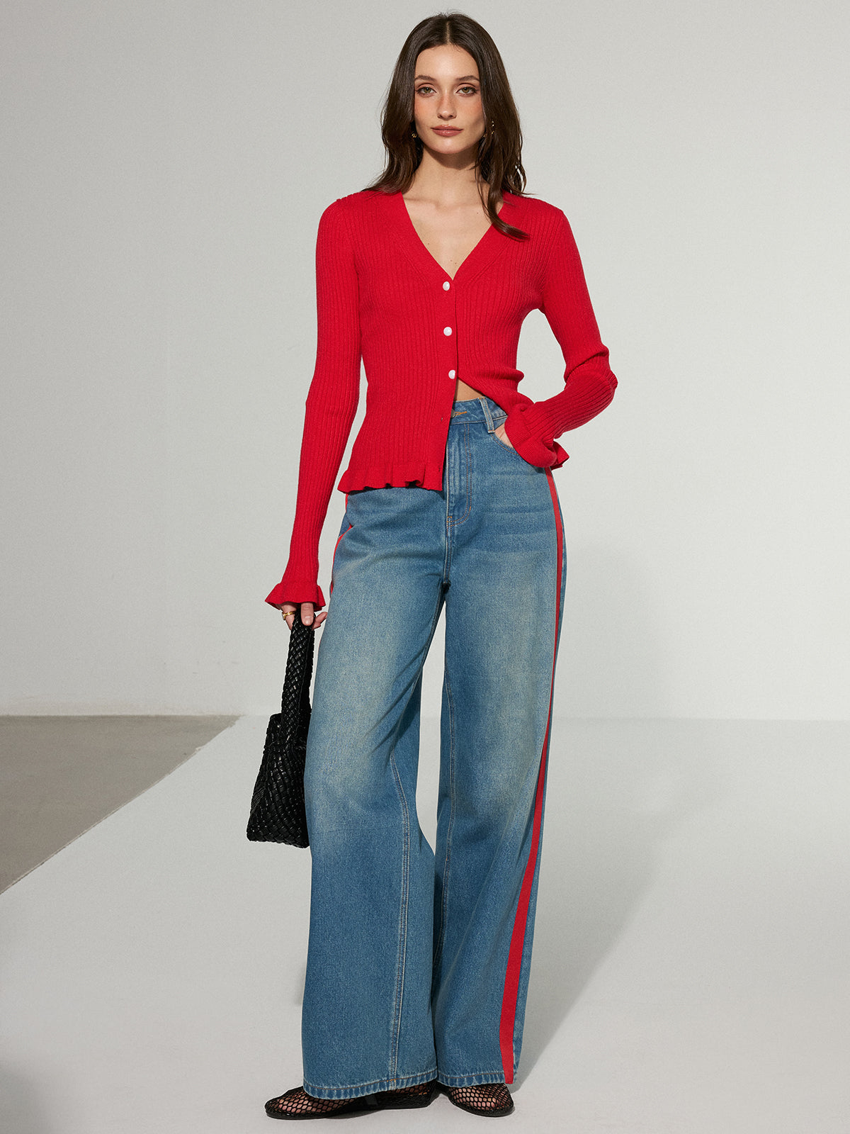 Contrast Side Striped Wide-Leg Jeans-Chicvia