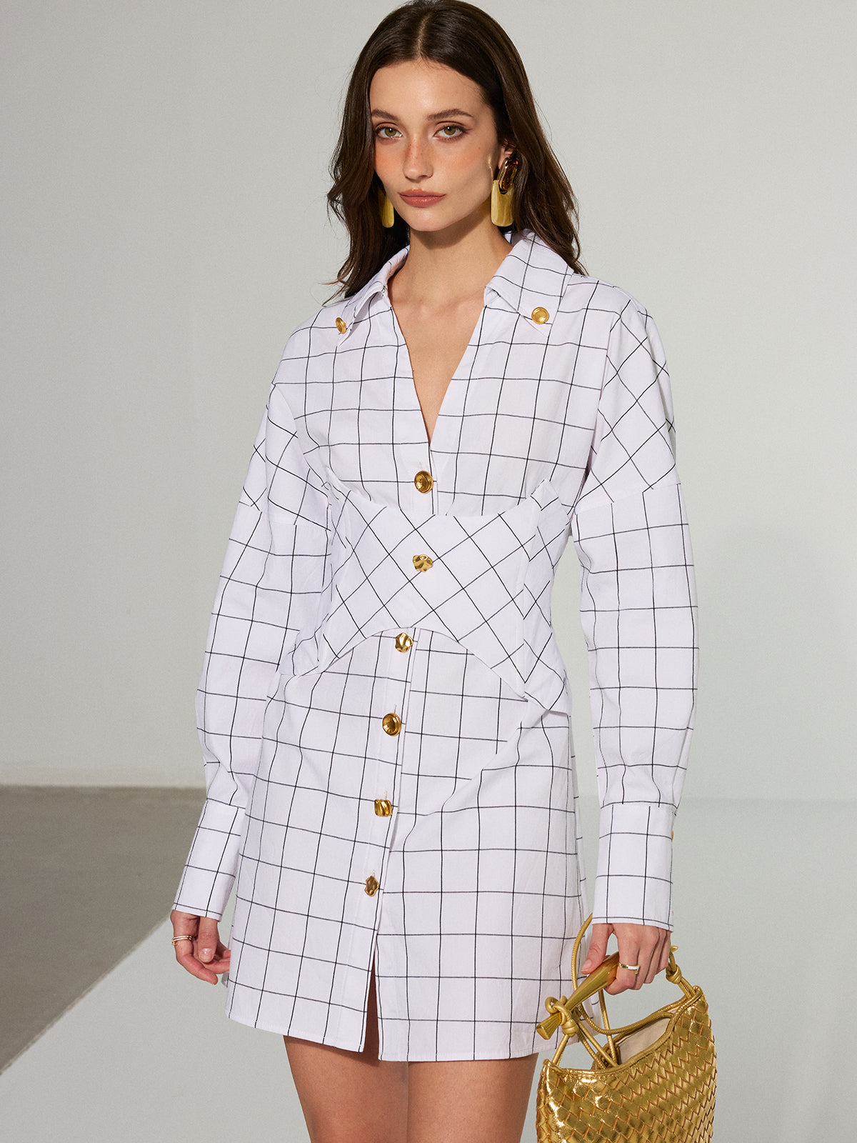 Metal Button Checked Cotton Shirt Dress-Chicvia